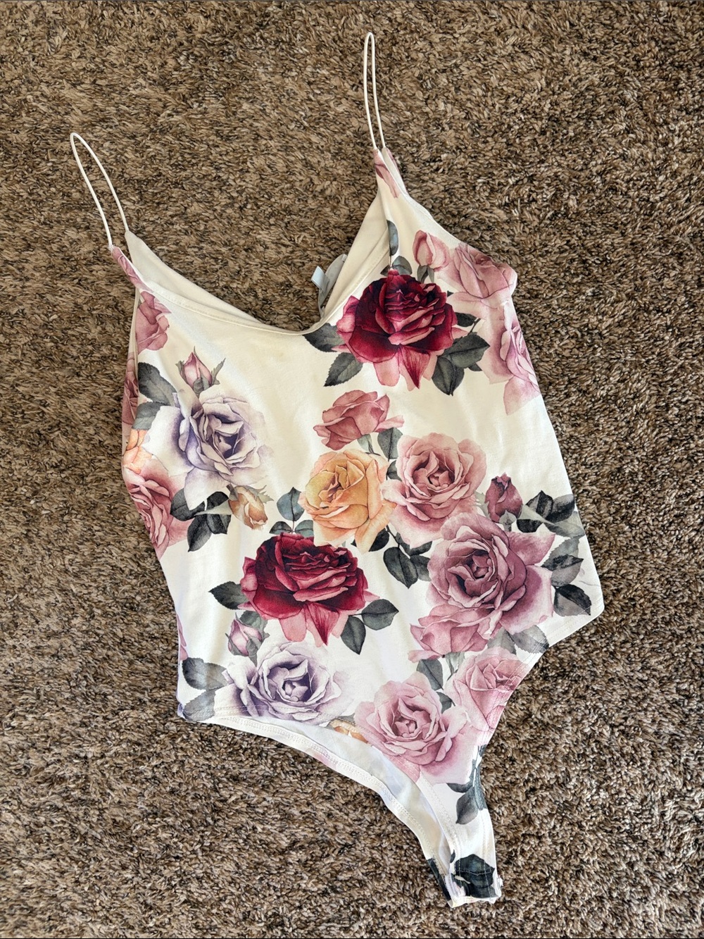 Floral Rose Print Bodysuit - Cream Base with Pink & Burgundy Roses